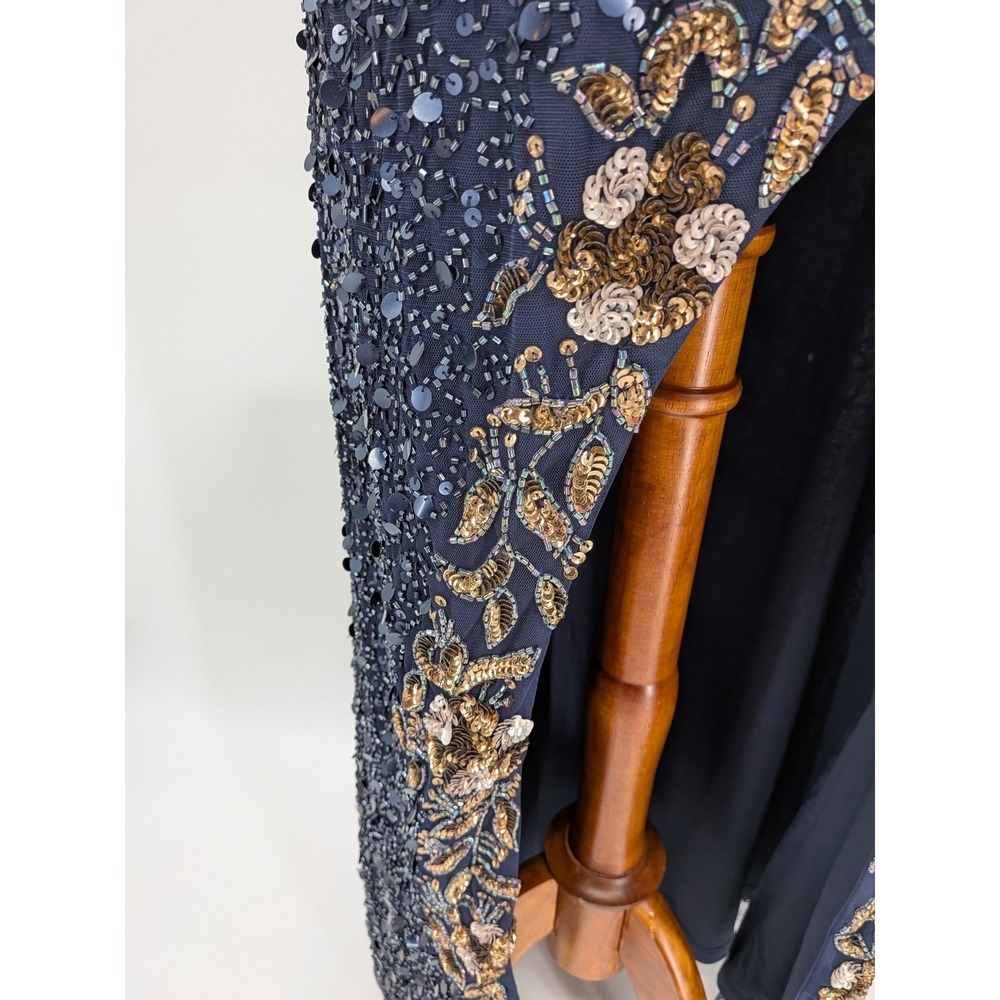 Prom Wedding Blue Gold All Over Sequins Beads Lace Up Back Floral Slit 12 Dress - Picture 11 of 14
